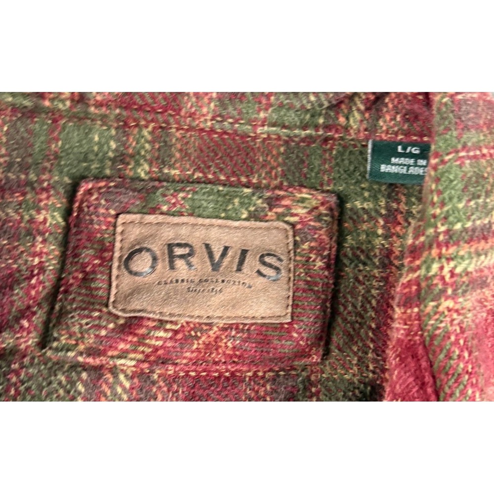 Orvis Mens Flannel Plaid Button Up Shirt Red Green Large Heavyweight Cotton - Picture 8 of 9